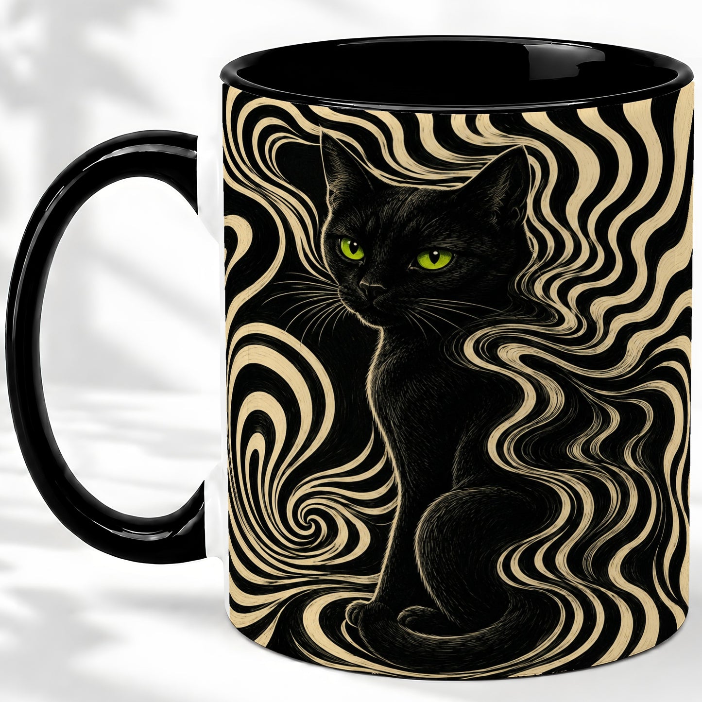#pl[11oz|Black] Black Cat Swirl Ceramic Mug, Green Eye Optical Art for Cat Lovers