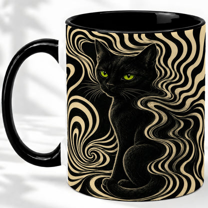 #pl[11oz|Black] Black Cat Swirl Ceramic Mug, Green Eye Optical Art for Cat Lovers