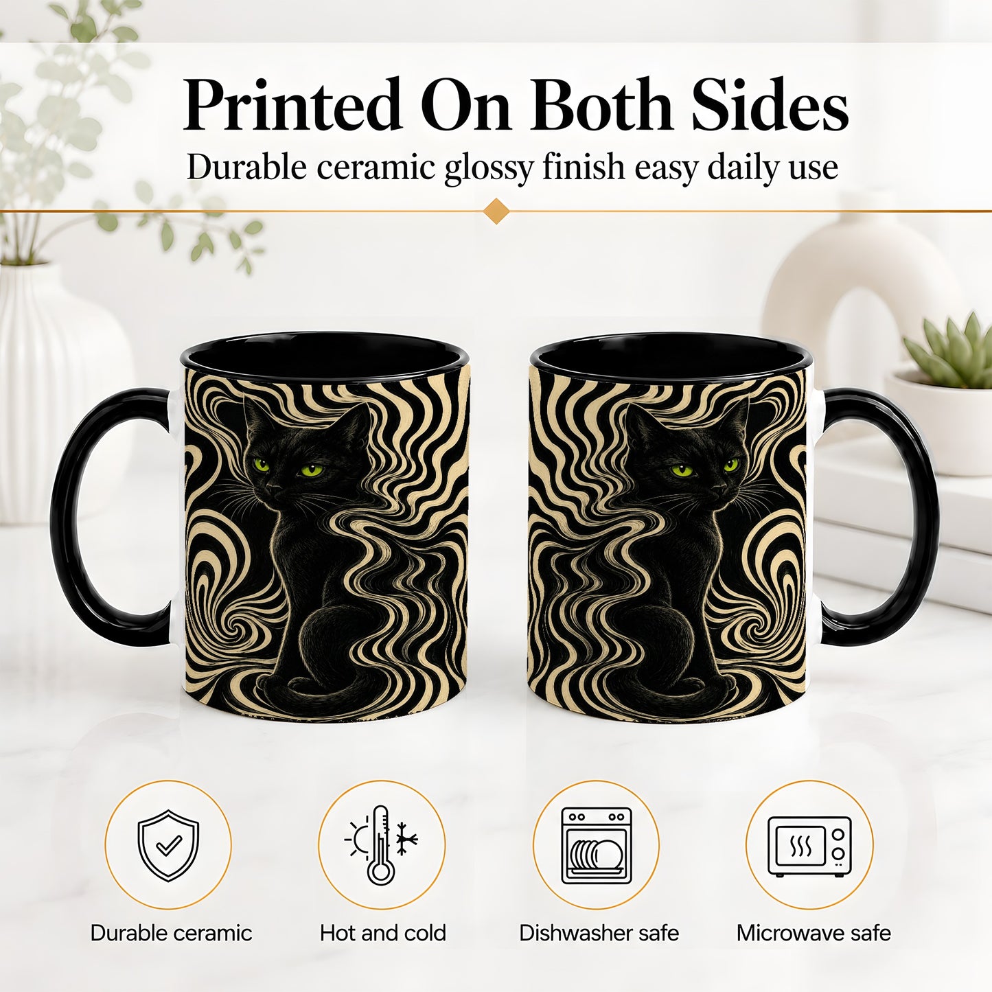 #pl[11oz|Black] Black Cat Swirl Ceramic Mug, Green Eye Optical Art for Cat Lovers