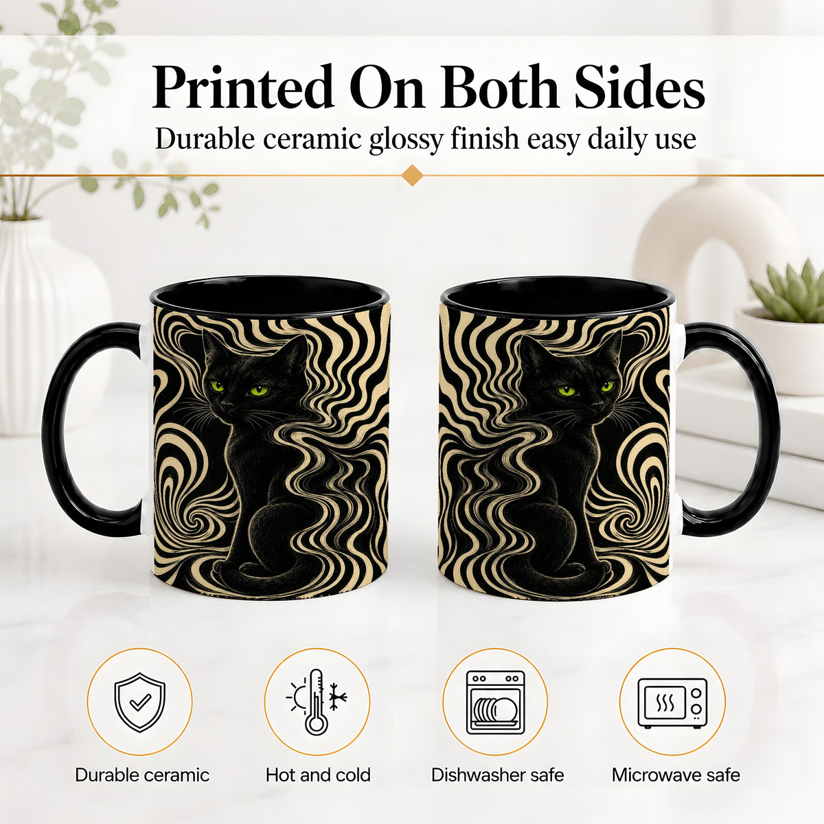 #pl[11oz|Black] Black Cat Swirl Ceramic Mug, Green Eye Optical Art for Cat Lovers