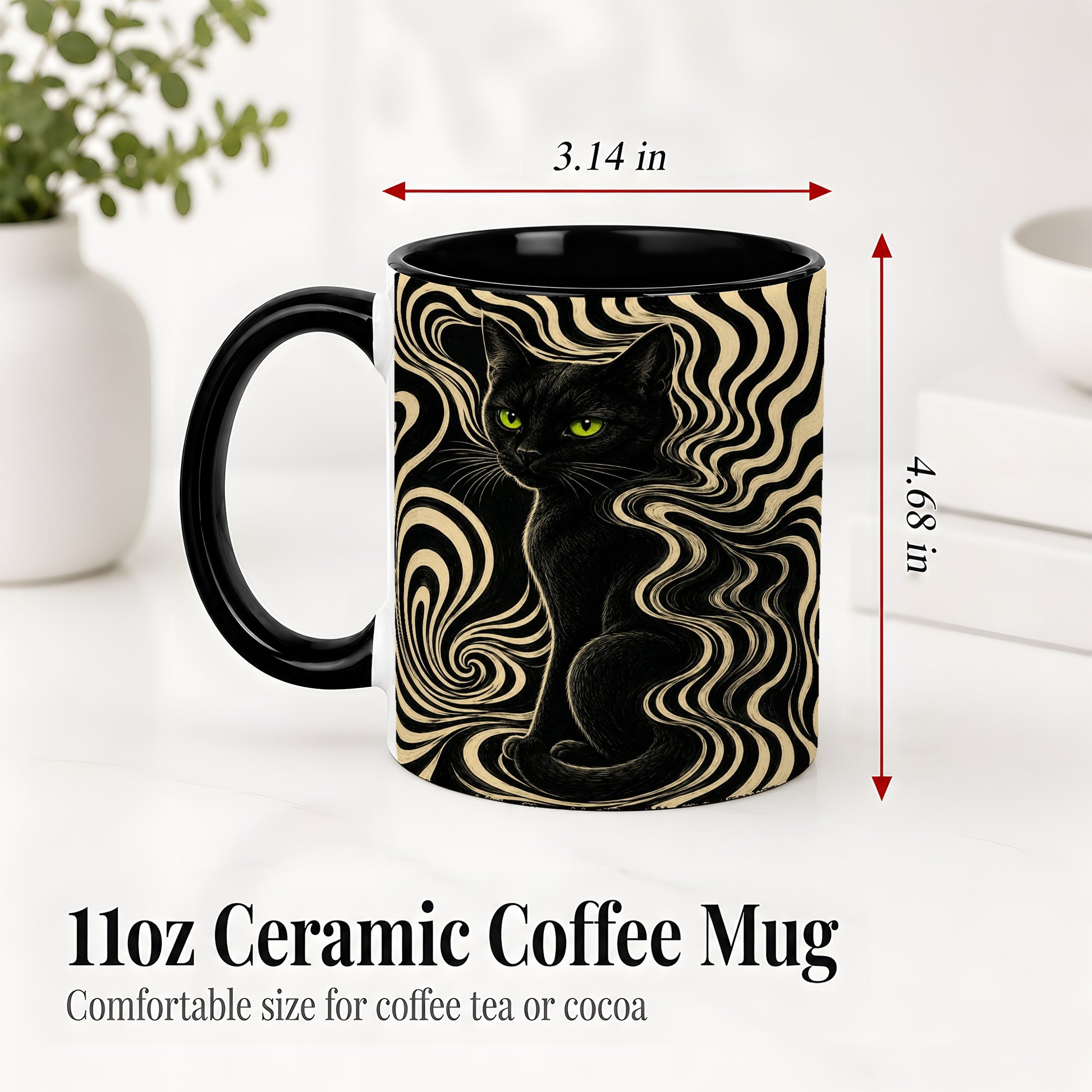 #pl[11oz|Black] Black Cat Swirl Ceramic Mug, Green Eye Optical Art for Cat Lovers
