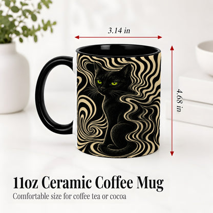 #pl[11oz|Black] Black Cat Swirl Ceramic Mug, Green Eye Optical Art for Cat Lovers