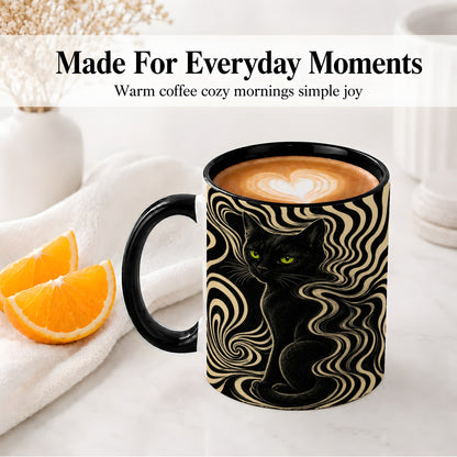 #pl[11oz|Black] Black Cat Swirl Ceramic Mug, Green Eye Optical Art for Cat Lovers