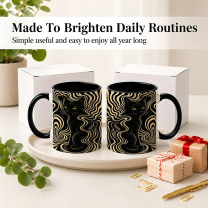 #pl[11oz|Black] Black Cat Swirl Ceramic Mug, Green Eye Optical Art for Cat Lovers