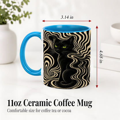 #pl[11oz|Blue] Black Cat Swirl Ceramic Mug, Green Eye Optical Art for Cat Lovers