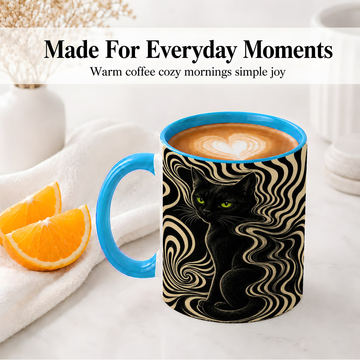 #pl[11oz|Blue] Black Cat Swirl Ceramic Mug, Green Eye Optical Art for Cat Lovers