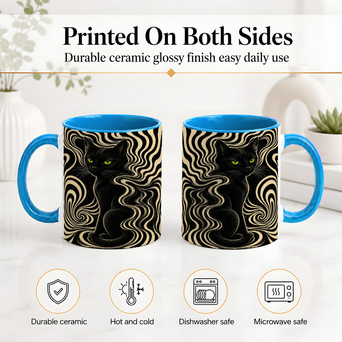 #pl[11oz|Blue] Black Cat Swirl Ceramic Mug, Green Eye Optical Art for Cat Lovers