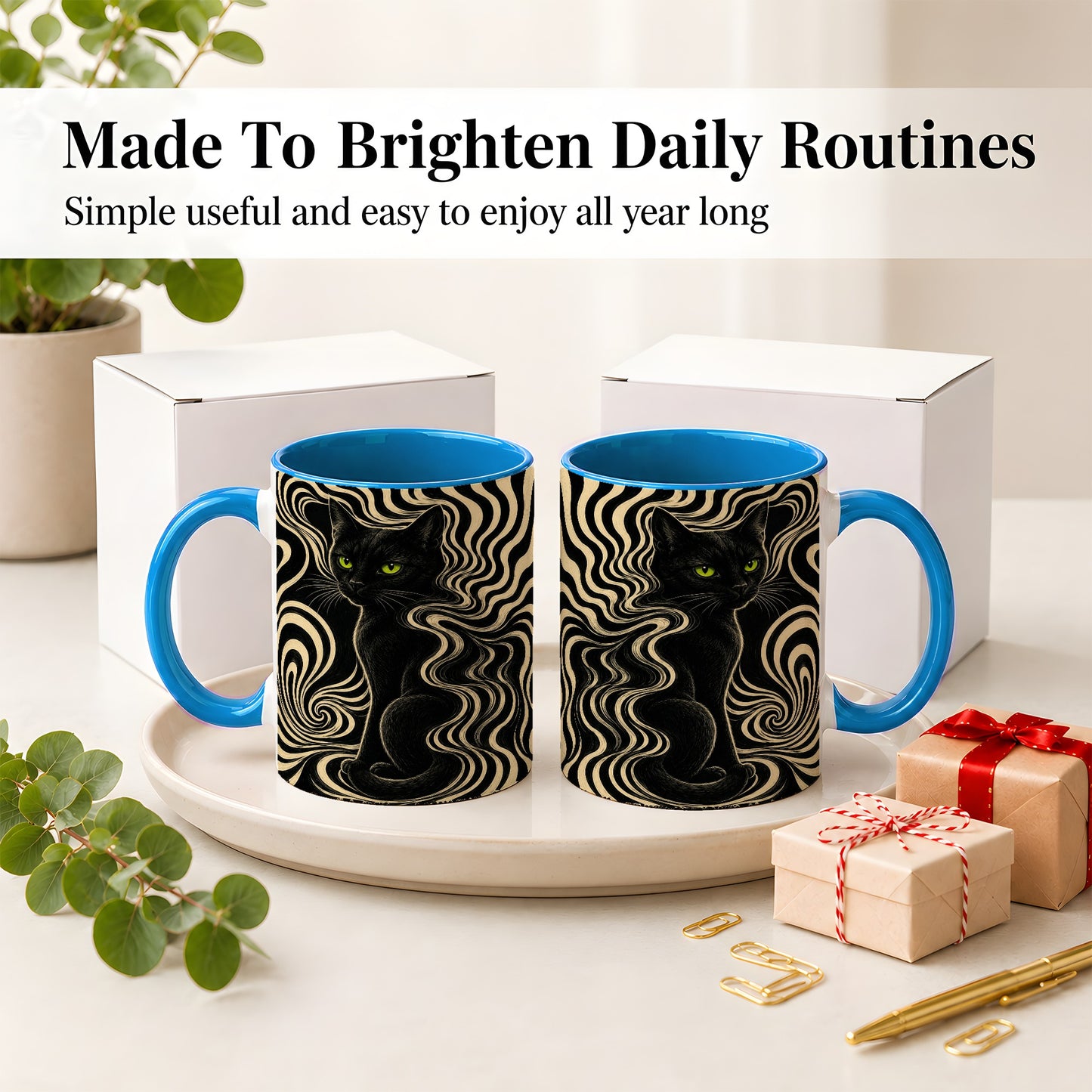 #pl[11oz|Blue] Black Cat Swirl Ceramic Mug, Green Eye Optical Art for Cat Lovers