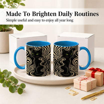#pl[11oz|Blue] Black Cat Swirl Ceramic Mug, Green Eye Optical Art for Cat Lovers