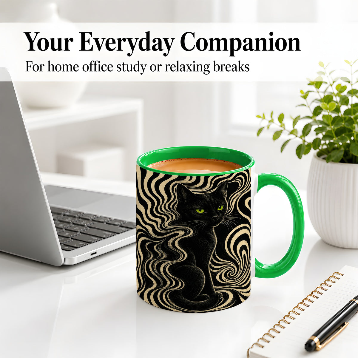 #pl[11oz|Green] Black Cat Swirl Ceramic Mug, Green Eye Optical Art for Cat Lovers