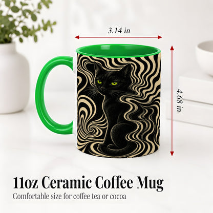 #pl[11oz|Green] Black Cat Swirl Ceramic Mug, Green Eye Optical Art for Cat Lovers