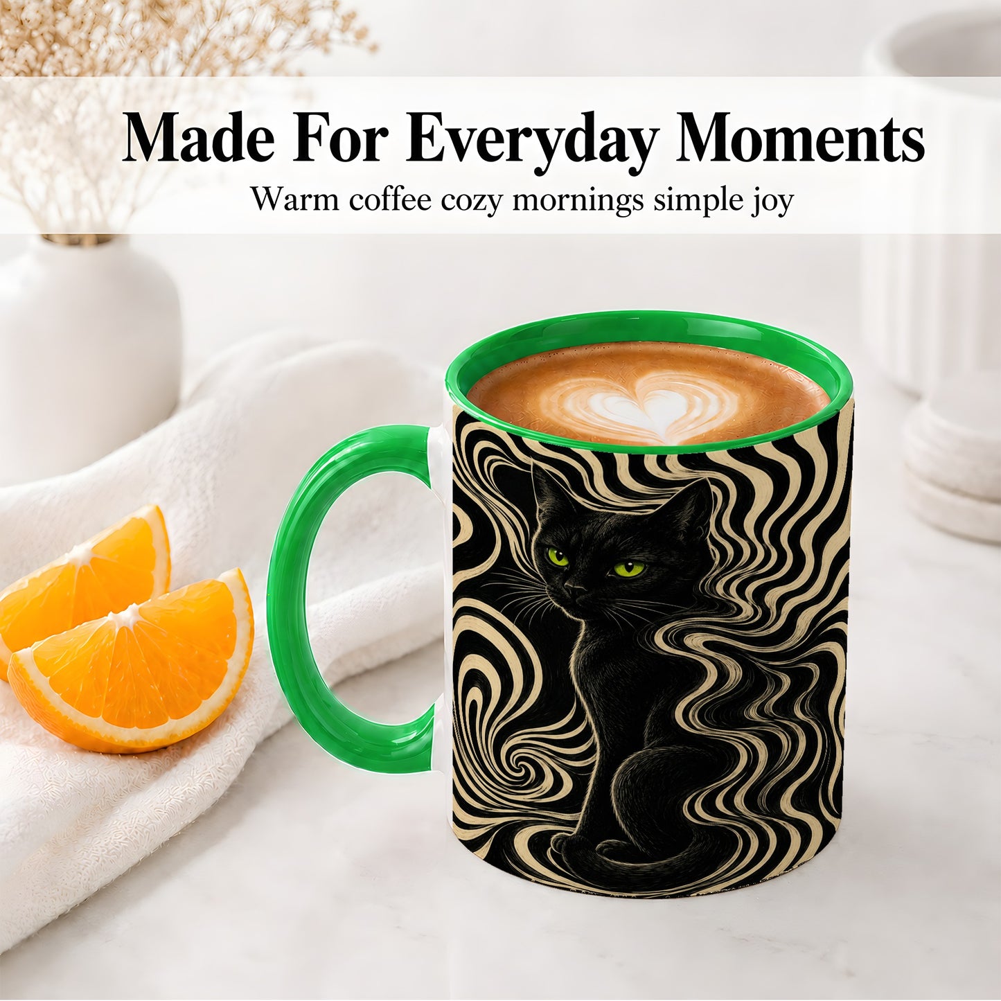 #pl[11oz|Green] Black Cat Swirl Ceramic Mug, Green Eye Optical Art for Cat Lovers