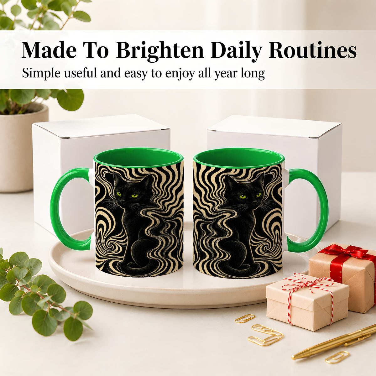 #pl[11oz|Green] Black Cat Swirl Ceramic Mug, Green Eye Optical Art for Cat Lovers