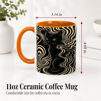 #pl[11oz|Orange] Black Cat Swirl Ceramic Mug, Green Eye Optical Art for Cat Lovers