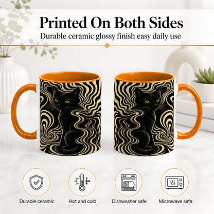 #pl[11oz|Orange] Black Cat Swirl Ceramic Mug, Green Eye Optical Art for Cat Lovers