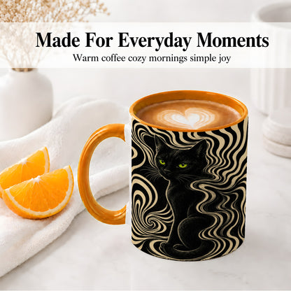#pl[11oz|Orange] Black Cat Swirl Ceramic Mug, Green Eye Optical Art for Cat Lovers