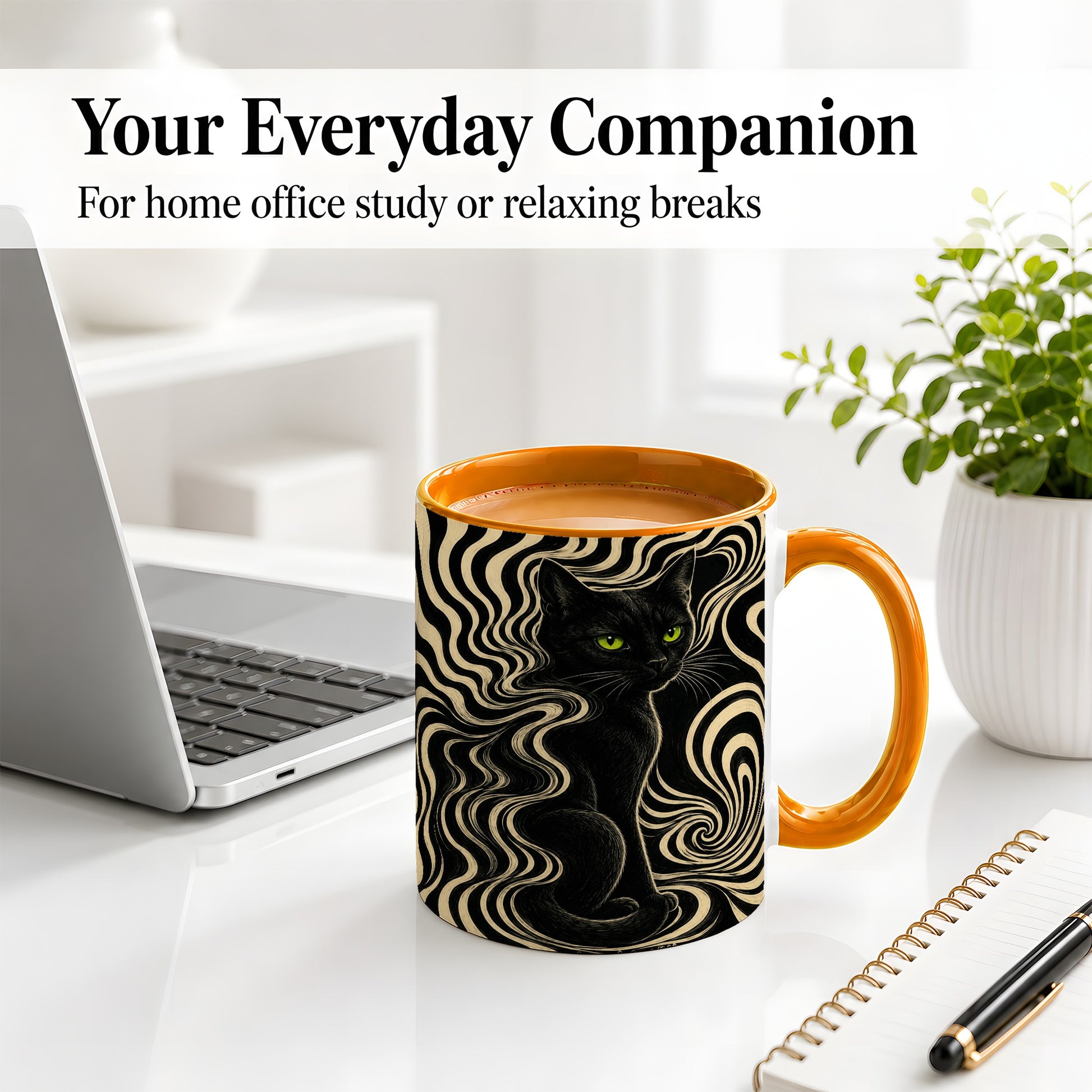#pl[11oz|Orange] Black Cat Swirl Ceramic Mug, Green Eye Optical Art for Cat Lovers