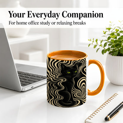 #pl[11oz|Orange] Black Cat Swirl Ceramic Mug, Green Eye Optical Art for Cat Lovers