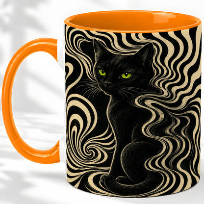 #pl[11oz|Orange] Black Cat Swirl Ceramic Mug, Green Eye Optical Art for Cat Lovers