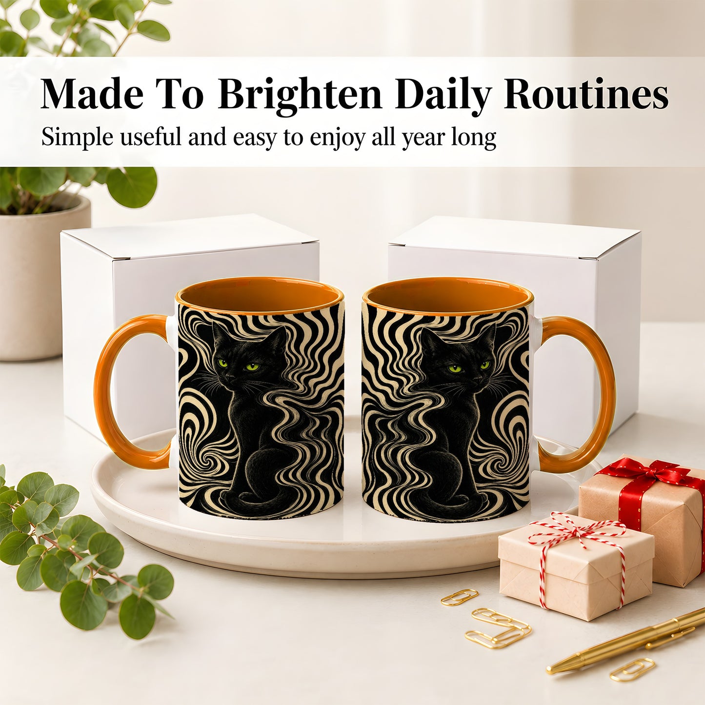 #pl[11oz|Orange] Black Cat Swirl Ceramic Mug, Green Eye Optical Art for Cat Lovers