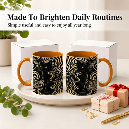 #pl[11oz|Orange] Black Cat Swirl Ceramic Mug, Green Eye Optical Art for Cat Lovers