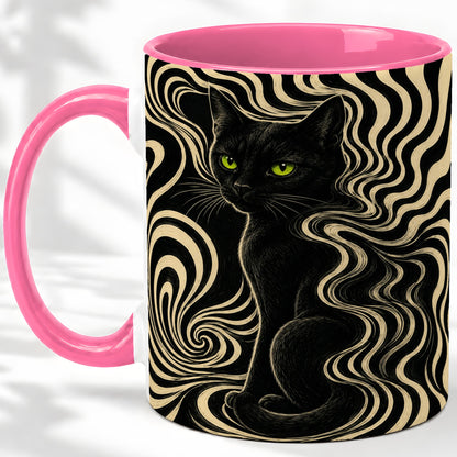 #pl[11oz|Pink] Black Cat Swirl Ceramic Mug, Green Eye Optical Art for Cat Lovers