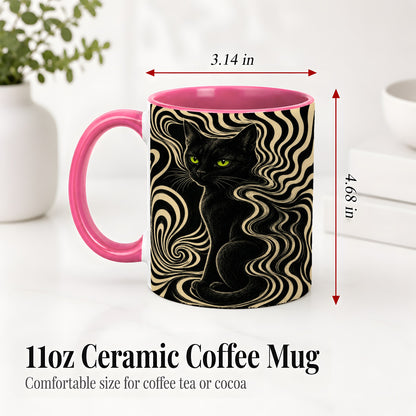 #pl[11oz|Pink] Black Cat Swirl Ceramic Mug, Green Eye Optical Art for Cat Lovers