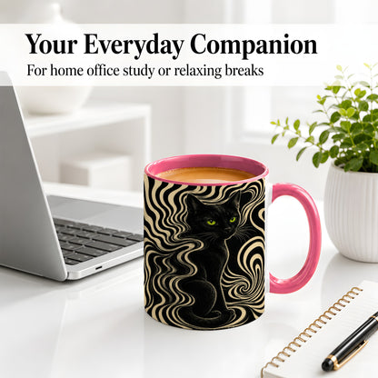 #pl[11oz|Pink] Black Cat Swirl Ceramic Mug, Green Eye Optical Art for Cat Lovers