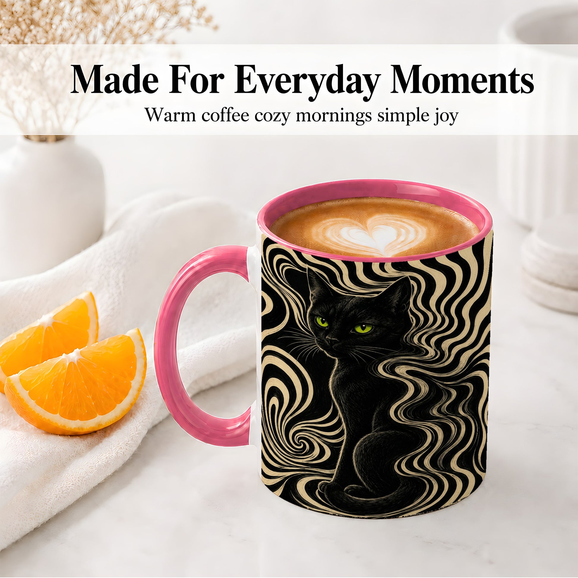 #pl[11oz|Pink] Black Cat Swirl Ceramic Mug, Green Eye Optical Art for Cat Lovers