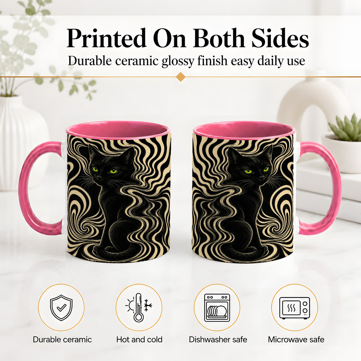#pl[11oz|Pink] Black Cat Swirl Ceramic Mug, Green Eye Optical Art for Cat Lovers