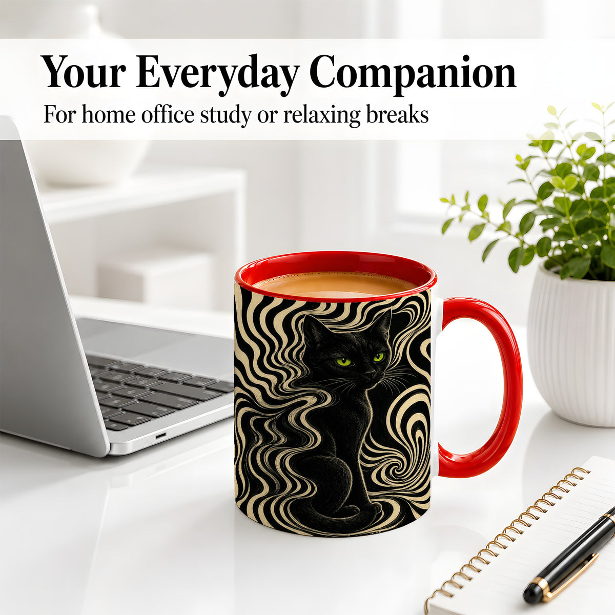 #pl[11oz|Red] Black Cat Swirl Ceramic Mug, Green Eye Optical Art for Cat Lovers