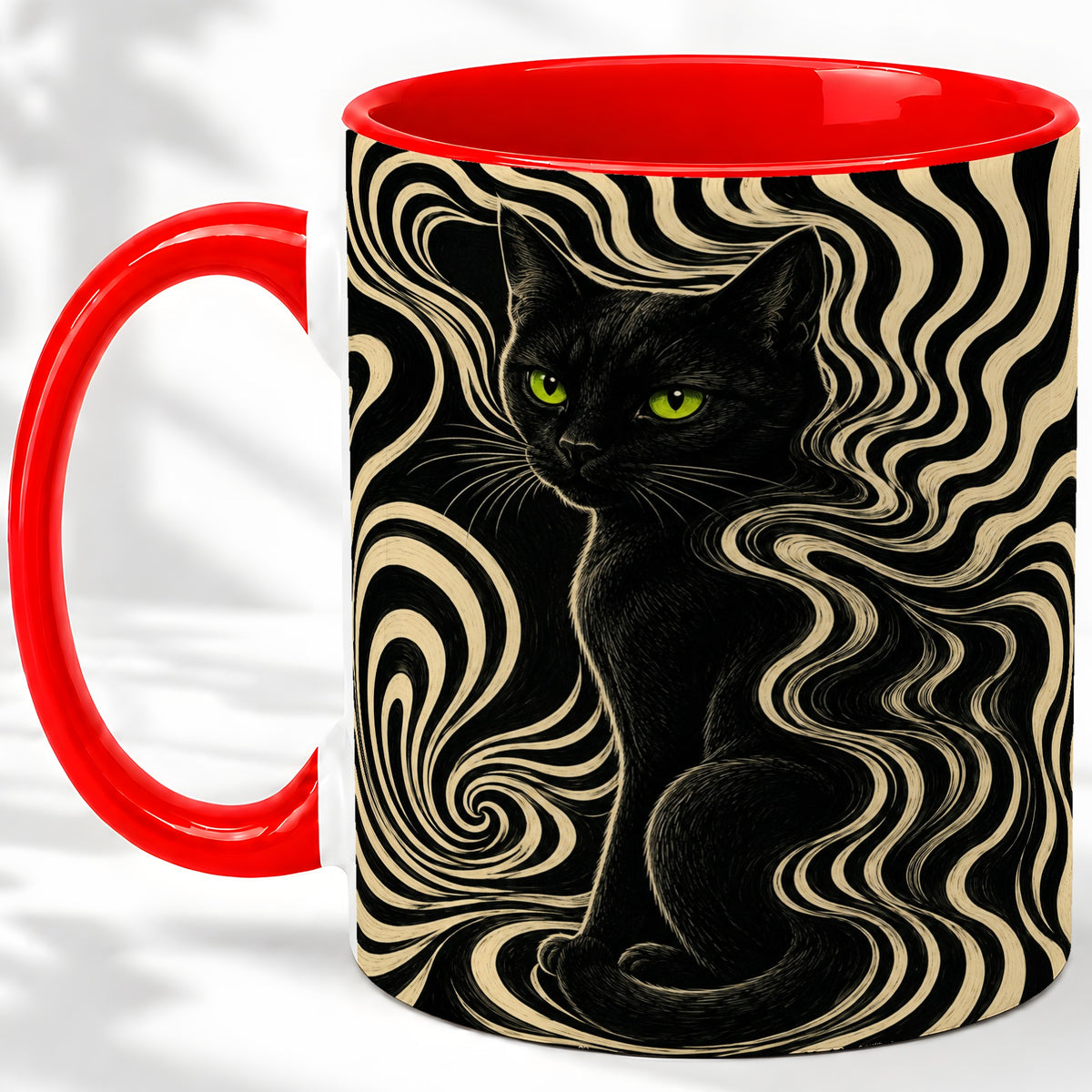Black Cat Swirl Ceramic Mug, Green Eye Optical Art for Cat Lovers