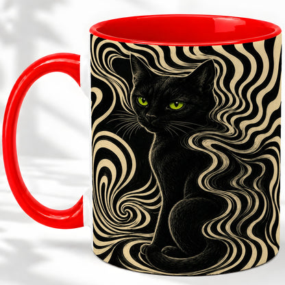 Black Cat Swirl Ceramic Mug, Green Eye Optical Art for Cat Lovers