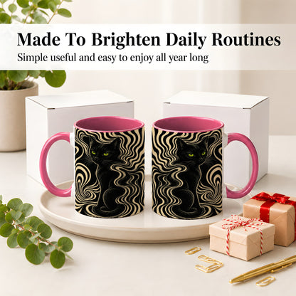 #pl[11oz|Pink] Black Cat Swirl Ceramic Mug, Green Eye Optical Art for Cat Lovers