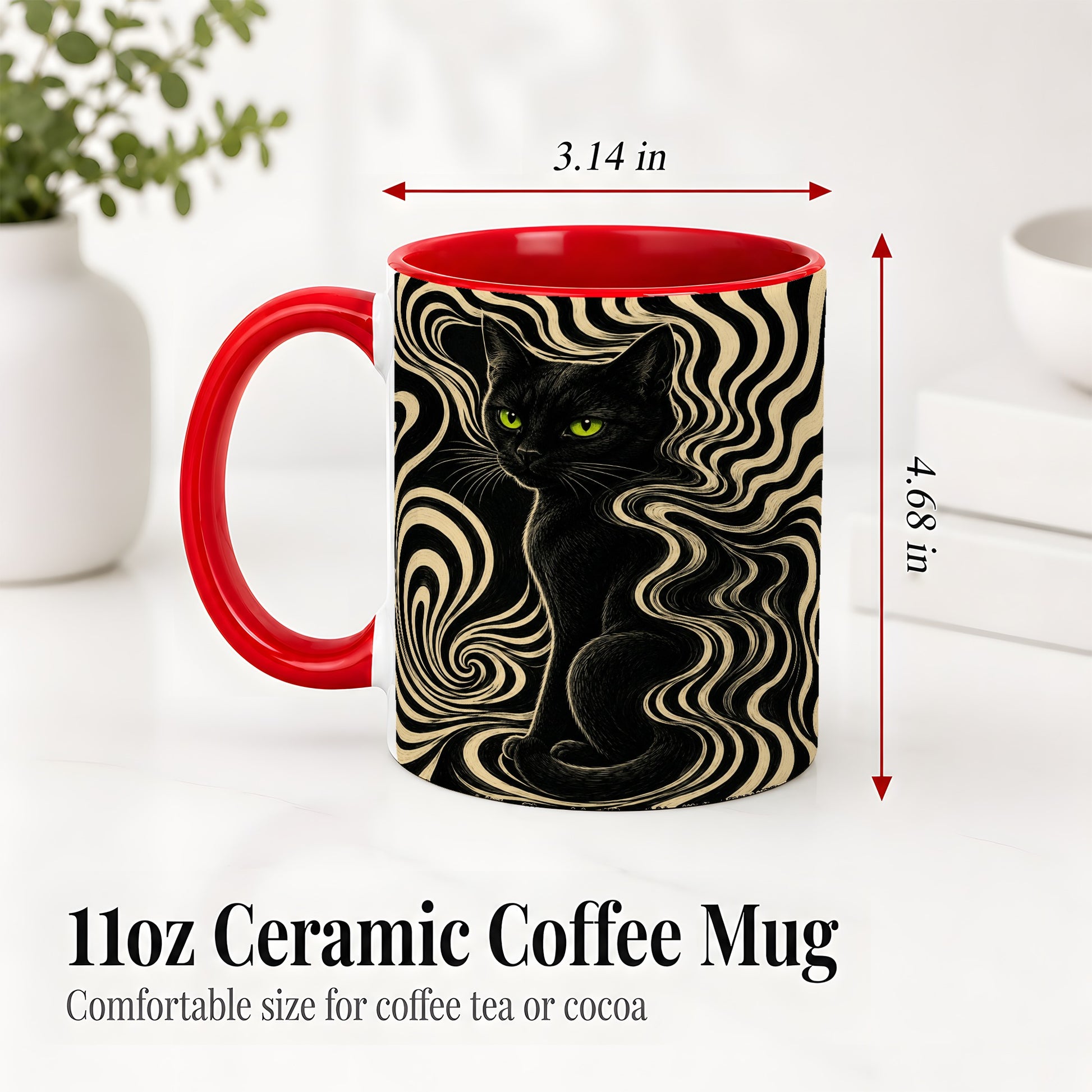 #pl[11oz|Red] Black Cat Swirl Ceramic Mug, Green Eye Optical Art for Cat Lovers