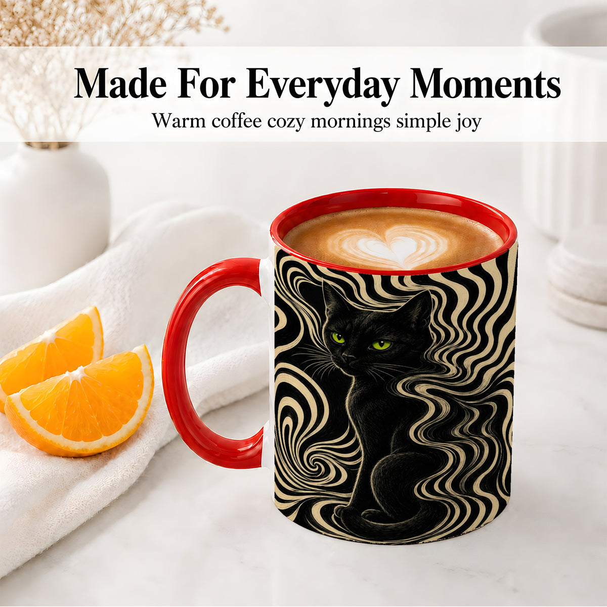 #pl[11oz|Red] Black Cat Swirl Ceramic Mug, Green Eye Optical Art for Cat Lovers
