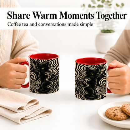 #pl[11oz|Red] Black Cat Swirl Ceramic Mug, Green Eye Optical Art for Cat Lovers