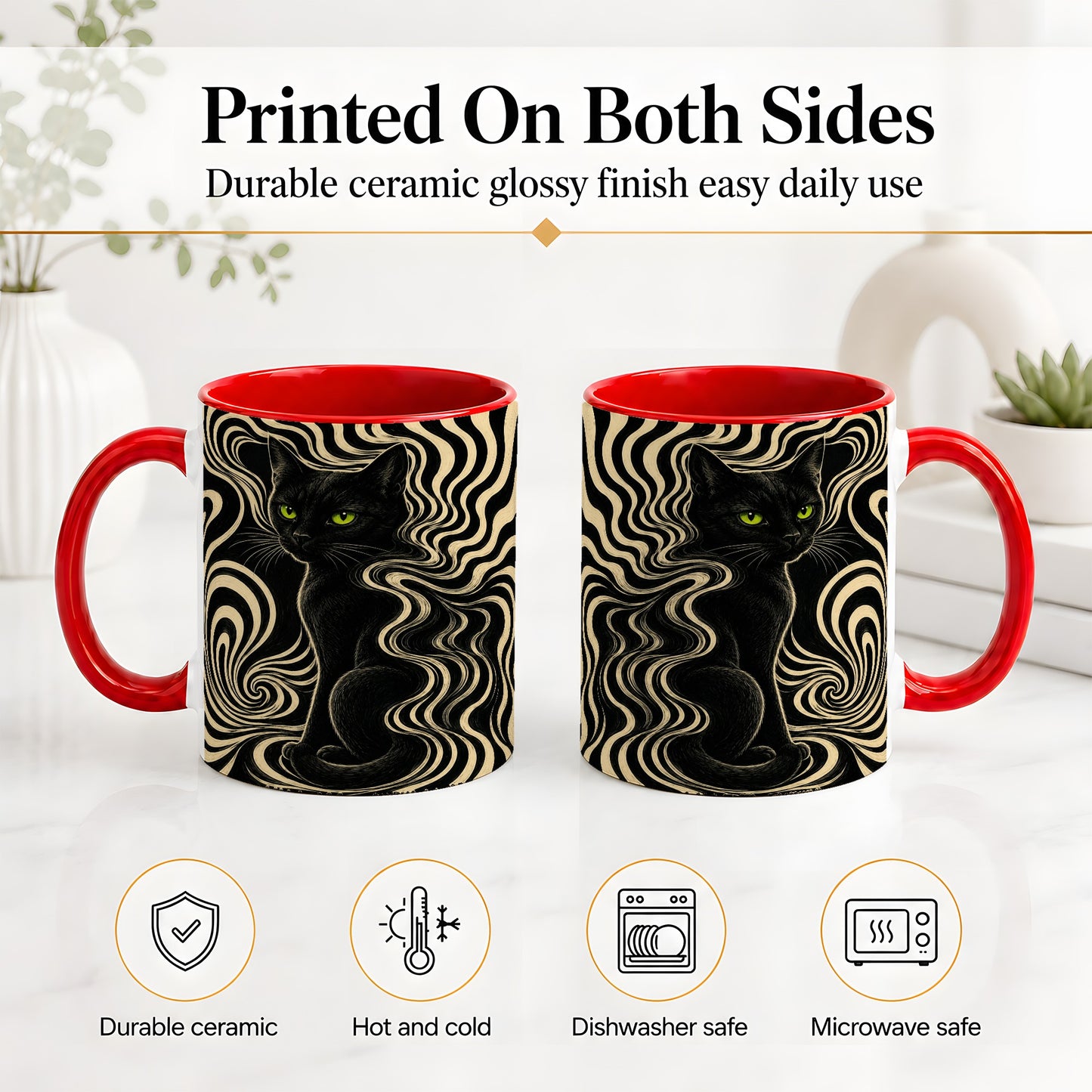 #pl[11oz|Red] Black Cat Swirl Ceramic Mug, Green Eye Optical Art for Cat Lovers