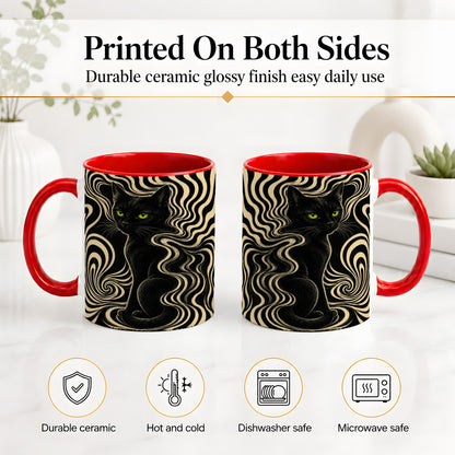 #pl[11oz|Red] Black Cat Swirl Ceramic Mug, Green Eye Optical Art for Cat Lovers