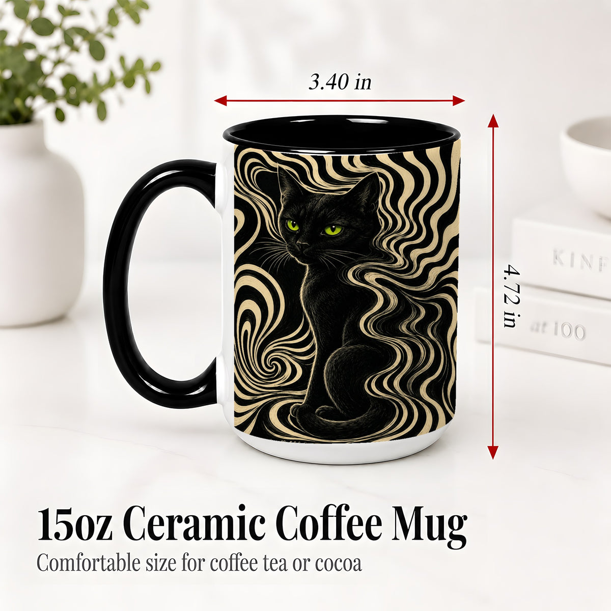 #pl[15oz|Black] Black Cat Swirl Ceramic Mug, Green Eye Optical Art for Cat Lovers