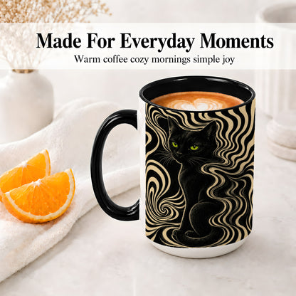 #pl[15oz|Black] Black Cat Swirl Ceramic Mug, Green Eye Optical Art for Cat Lovers
