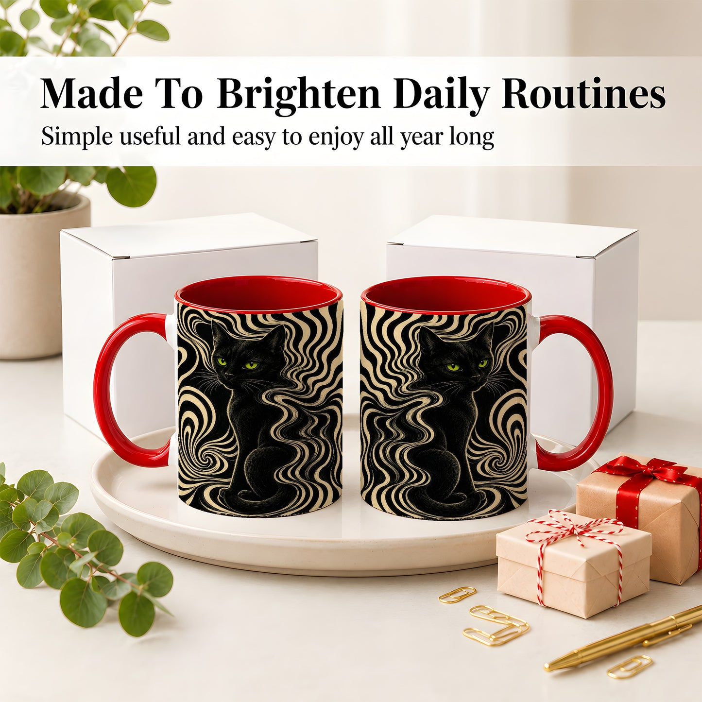 #pl[11oz|Red] Black Cat Swirl Ceramic Mug, Green Eye Optical Art for Cat Lovers