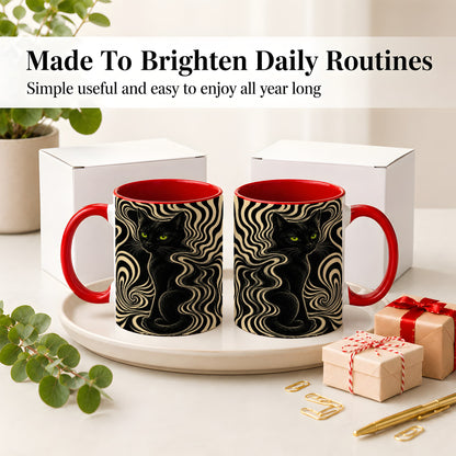 #pl[11oz|Red] Black Cat Swirl Ceramic Mug, Green Eye Optical Art for Cat Lovers