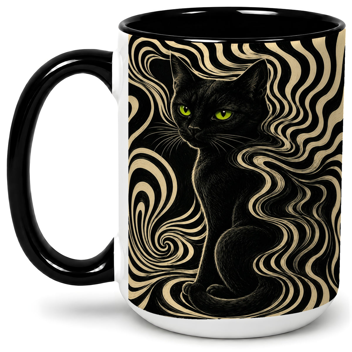 #pl[15oz|Black] Black Cat Swirl Ceramic Mug, Green Eye Optical Art for Cat Lovers