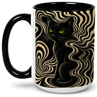 #pl[15oz|Black] Black Cat Swirl Ceramic Mug, Green Eye Optical Art for Cat Lovers