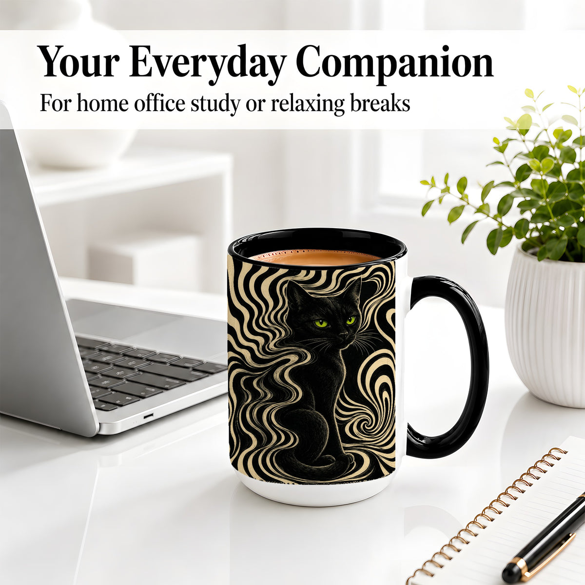 #pl[15oz|Black] Black Cat Swirl Ceramic Mug, Green Eye Optical Art for Cat Lovers