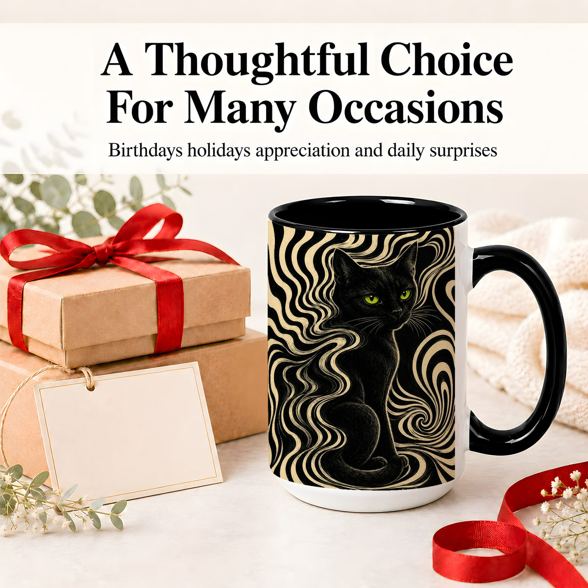 #pl[15oz|Black] Black Cat Swirl Ceramic Mug, Green Eye Optical Art for Cat Lovers