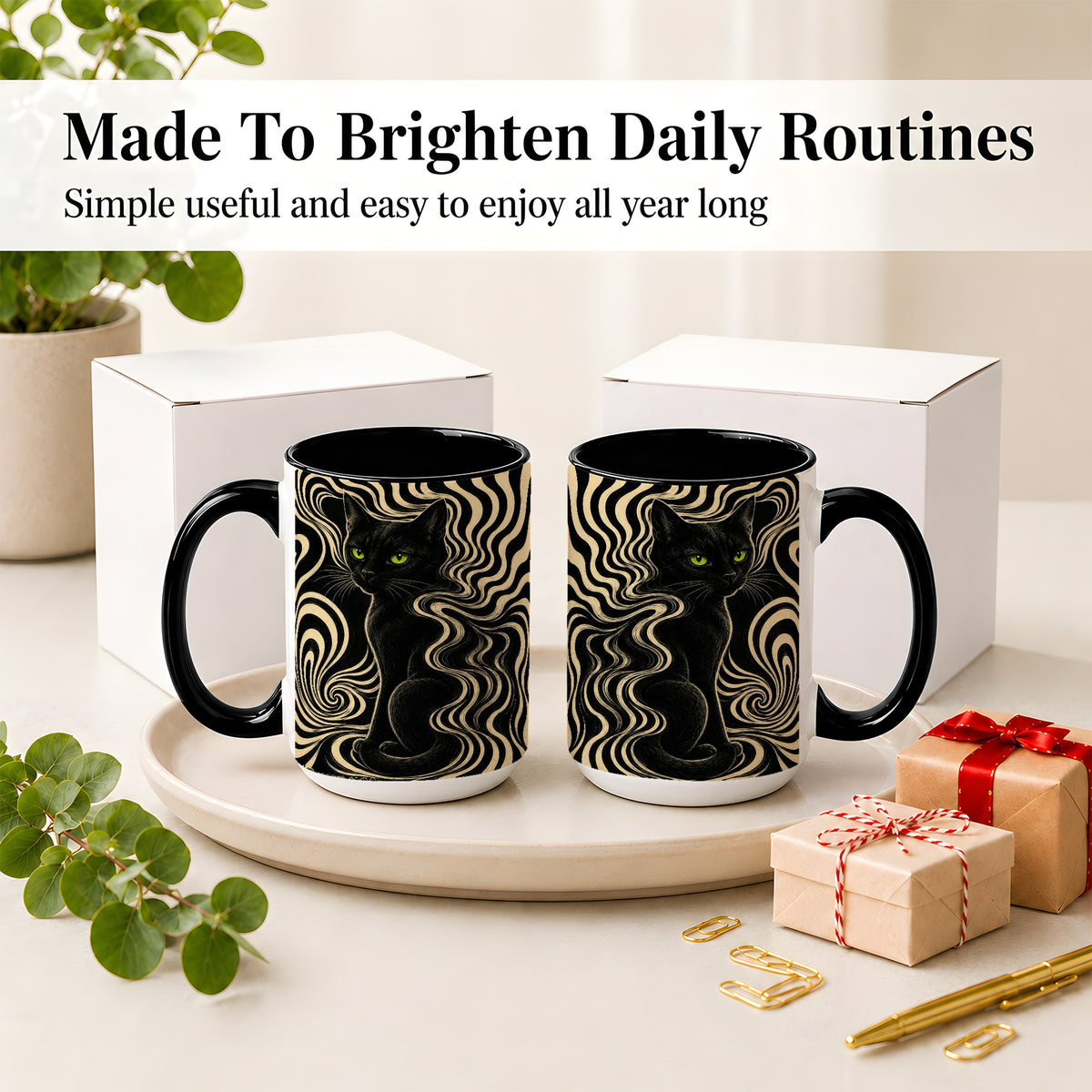 #pl[15oz|Black] Black Cat Swirl Ceramic Mug, Green Eye Optical Art for Cat Lovers