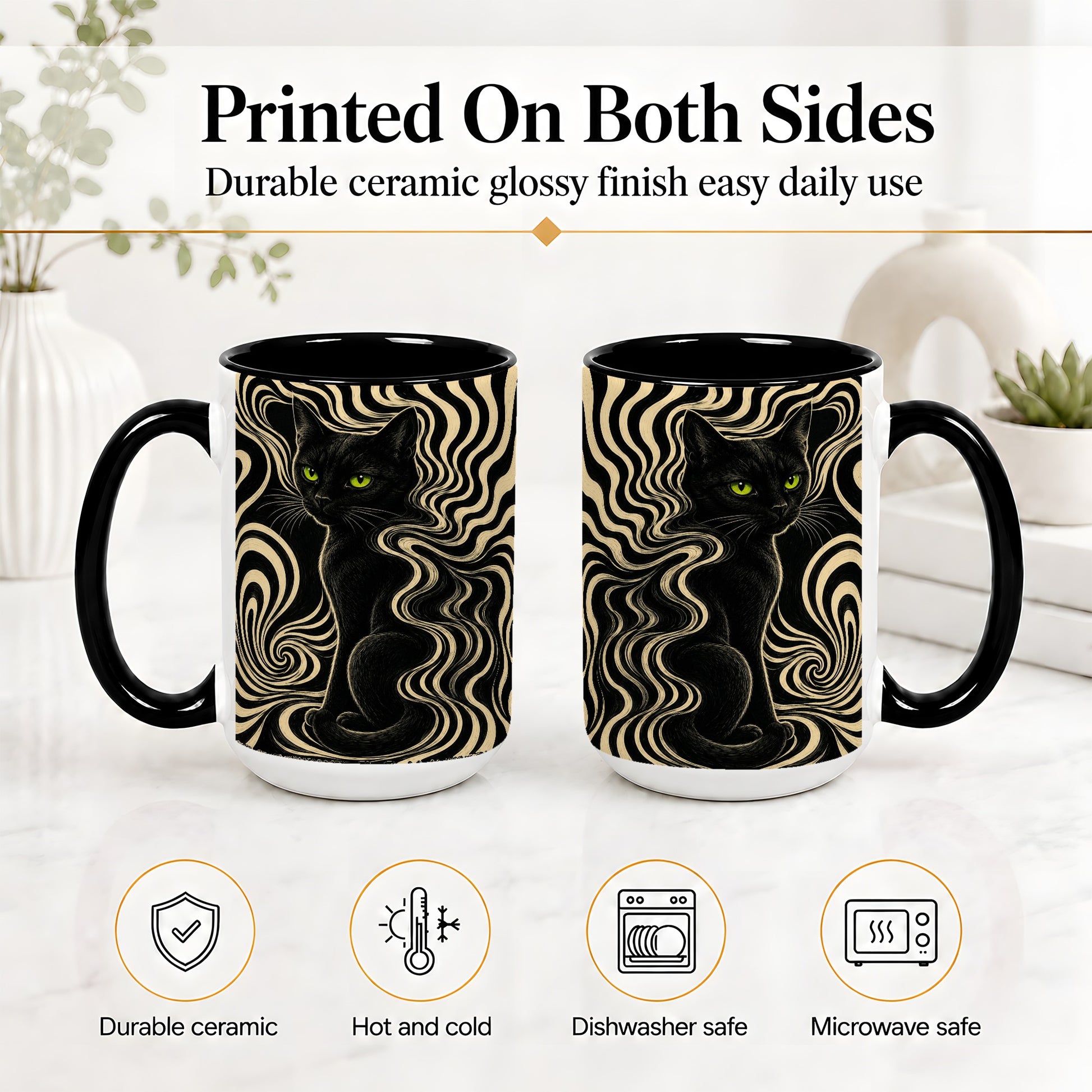 #pl[15oz|Black] Black Cat Swirl Ceramic Mug, Green Eye Optical Art for Cat Lovers