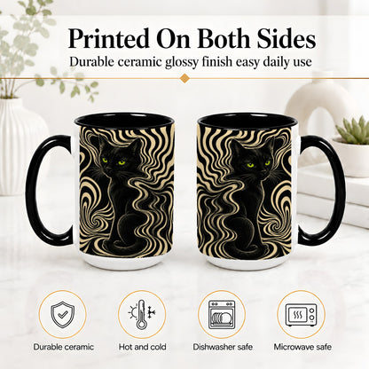 #pl[15oz|Black] Black Cat Swirl Ceramic Mug, Green Eye Optical Art for Cat Lovers